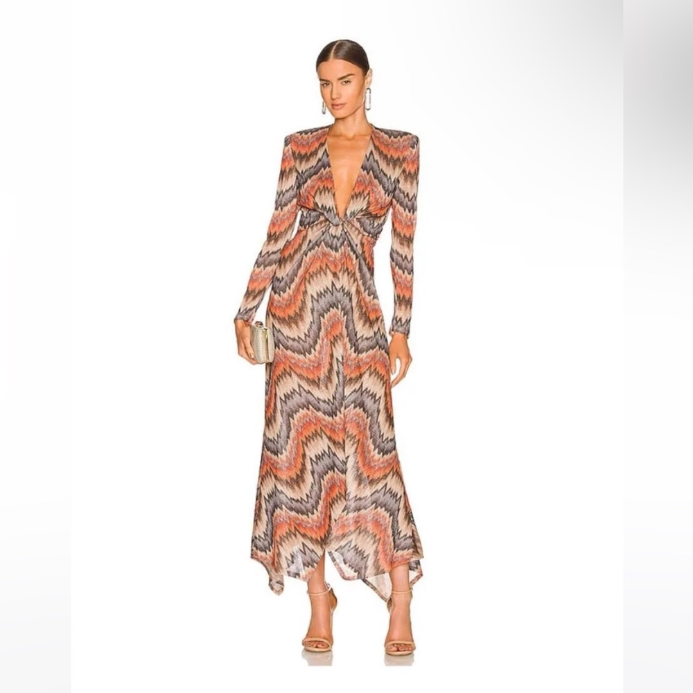 RONNY KOBO Stormy Knit Maxi Dress, Orange & Brown Metallic Deep V Sexy Size XS